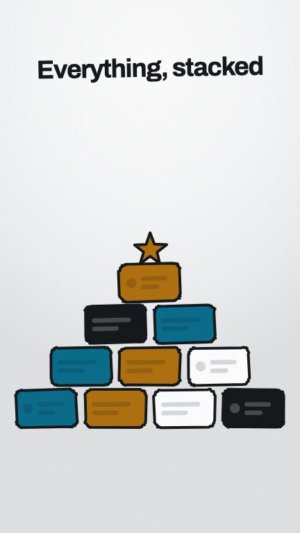 Doodle Card Stack — Hand-drawn marker cards drop into a stack bottom row first, each outline wobbled off true by its own seed