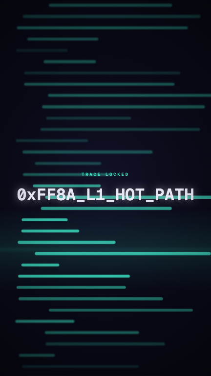 Hot Path Scan — A defocused listing scrolls behind a scan front while one symbol resolves out of blur and locks sharp