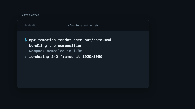 Terminal Window — A terminal runs a command: it types in, then the log streams line by line with a cycling spinner and an accent success line