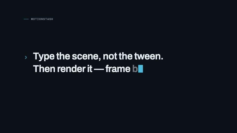 Typewriter Caret — Lines typed out character by character on seeded irregular timing, led by a block caret that blinks on a fixed frame cycle