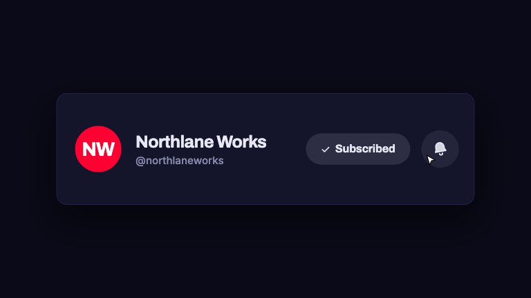 YouTube Subscribe Nudge — A channel card that presses its own subscribe button and then rings its own bell, with a cursor that travels to each in turn